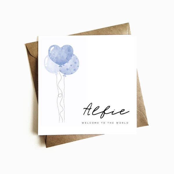 Personalised Blue Balloons New Baby Card - Welcome to the World Card - Newborn Baby Boy - Baby Boy Gift - Welcome Baby Card - For New Born