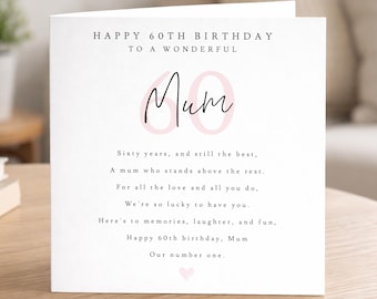60th Birthday Poem Card for Mum, Keepsake Birthday Gift for Mother, Landmark Birthday Card, Milestone Birthday for Her