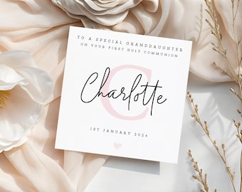 Personalised First Holy Communion Card For Granddaughter, Baby Girl Keepsake, Pink Initial