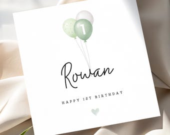 Personalised 1st Birthday Card, Sage Green Balloons, Gift For Child