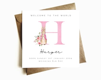 Personalised Flopsy Rabbit New Baby Card - Welcome to the World Card - Newborn Baby Girl - Baby Girl Gift - Welcome Baby Card - For New Born