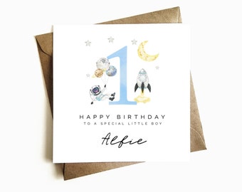 Personalised Children's Birthday Card - Blue Space Theme Number - Family Birthday - First Birthday Gift - 1st Birthday Card - For Child