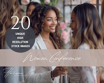 May include: Two women smiling and talking at a Women Conference. The image includes the text "Women Conference" and "Harrison Designs".