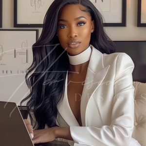 a black woman with long wavy hair brazilian hd wig, wearing a white suit with a white turtle neck, she is seating on a chair and leaning on a creme desk, on the table there is a laptop mockup, on the wall there is a black framed mockup