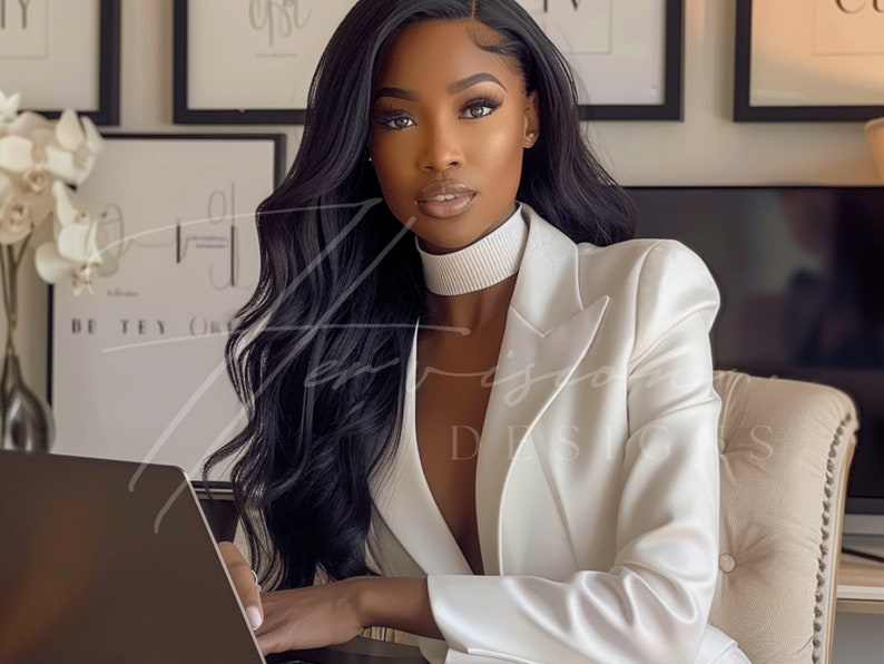 a black woman with long wavy hair brazilian hd wig, wearing a white suit with a white turtle neck, she is seating on a chair and leaning on a creme desk, on the table there is a laptop mockup, on the wall there is a black framed mockup