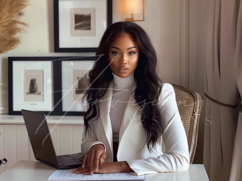 a black woman with long wavy hair brazilian hd wig, wearing a white suit with a white turtle neck, she is seating on a chair and leaning on a creme desk, on the table there is a laptop mockup, on the wall there is a black framed mockup