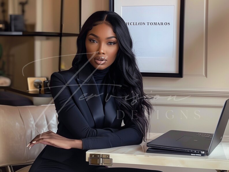 a black woman with long wavy hair brazilian hd wig, wearing a white suit with a white turtle neck, she is seating on a chair and leaning on a creme desk, on the table there is a laptop mockup, on the wall there is a black framed mockup