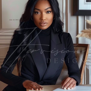 a black woman with long wavy hair brazilian hd wig, wearing a white suit with a white turtle neck, she is seating on a chair and leaning on a creme desk, on the table there is a laptop mockup, on the wall there is a black framed mockup