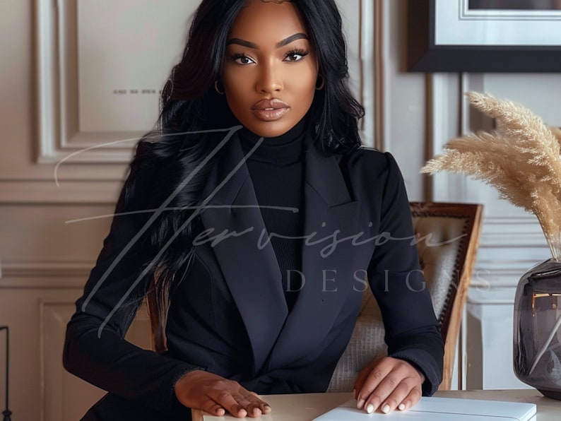 a black woman with long wavy hair brazilian hd wig, wearing a white suit with a white turtle neck, she is seating on a chair and leaning on a creme desk, on the table there is a laptop mockup, on the wall there is a black framed mockup