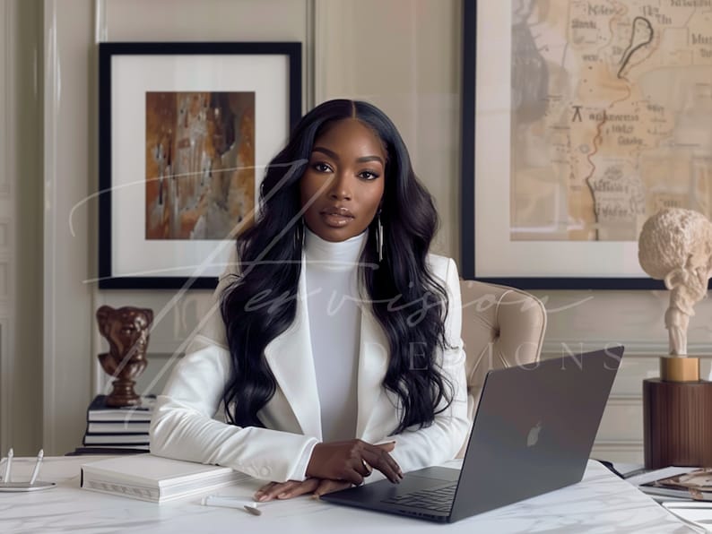 a black woman with long wavy hair brazilian hd wig, wearing a white suit with a white turtle neck, she is seating on a chair and leaning on a creme desk, on the table there is a laptop mockup, on the wall there is a black framed mockup