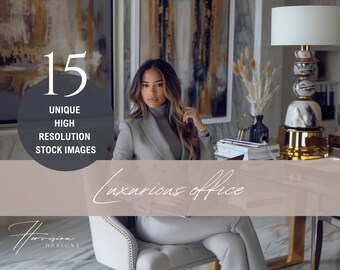 May include: Image promoting "15 Unique High Resolution Stock Images" for a luxurious office setting. The image features a woman in a gray blazer and turtleneck, seated in a stylish office. The words "Luxurious office" are written in cursive.