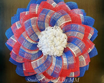 Flower Wreath, Patriotic Flower, Red White and Blue, Patriotic, Military, 4th of July, Poly Burlap Flower, Summer Wreath, Year-Round Wreath