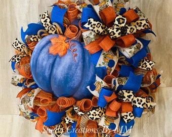 Fall Wreath, Blue Pumpkin, Orange and Blue Wreath, Pumpkin Wreath, Autumn Wreath, Deco Mesh Wreath, Ribbon Wreath, Fall, Autumn, Pumpkin