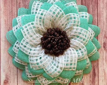 Flower Wreath, Mint and White Flower, Poly Burlap, Spring Wreath, Summer Wreath, Mint and White, Flower Decor, Wreath