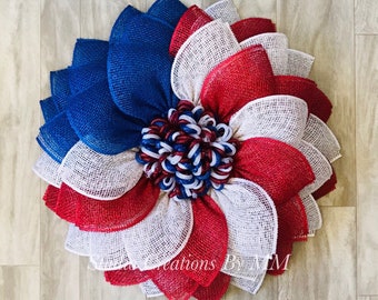 Flower Wreath, Patriotic Flower, Red White and Blue, Patriotic, Military, 4th of July, Poly Burlap Flower, Summer Wreath, Year-Round Wreath