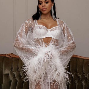 Luxury Ivory Sheer Robe with Sequins, Beads, and Feathered Sleeves - Perfect for Bridal Morning
