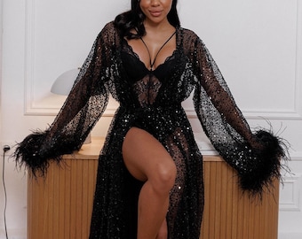 Glamorous Long Black Sheer Robe with Sequins, Beads, and Feathered Sleeves – Perfect for Wedding Nights and Boudoir Moments