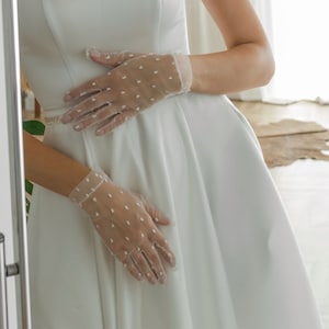 Light Ivory Tulle Wedding Gloves with Polka Dots, Bridal Gloves, Sheer Gloves