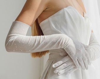 Light Ivory Glitter Gloves, Wedding Gloves, Elegant Long Gloves, Sparkly Bridal Gloves, Prom Gloves