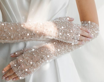 Ivory Tulle Sequin Wedding Gloves, Fingerless Bridal Gloves, Handmade