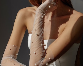 Pearl Bridal Gloves, Tulle Fingerless Gloves, Long Wedding Gloves, Light Ivory Bridal Gloves, Pearl Sleeves, Long Tulle Gloves