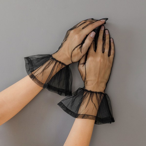 Black Tulle Gloves, Vintage Short Gloves, Ruffle Tulle Gloves, Evening Gloves, Black Sheer Gloves