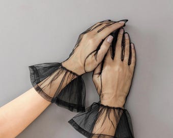 Handmade Black Tulle Ruffle Gloves, Sheer Evening Gloves