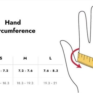May include: A chart showing hand circumference measurements in inches and centimeters for small, medium, and large sizes. The chart includes a diagram of a hand with a measuring tape around the wrist.