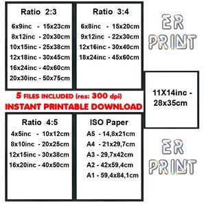 May include: Printable art size guide with various aspect ratios and ISO paper sizes. Includes sizes like 6x9 inches (15x23cm), 8x12 inches (20x30cm), and A4 (21x29.7cm). The text reads "5 FILES INCLUDED" and "INSTANT PRINTABLE DOWNLOAD".