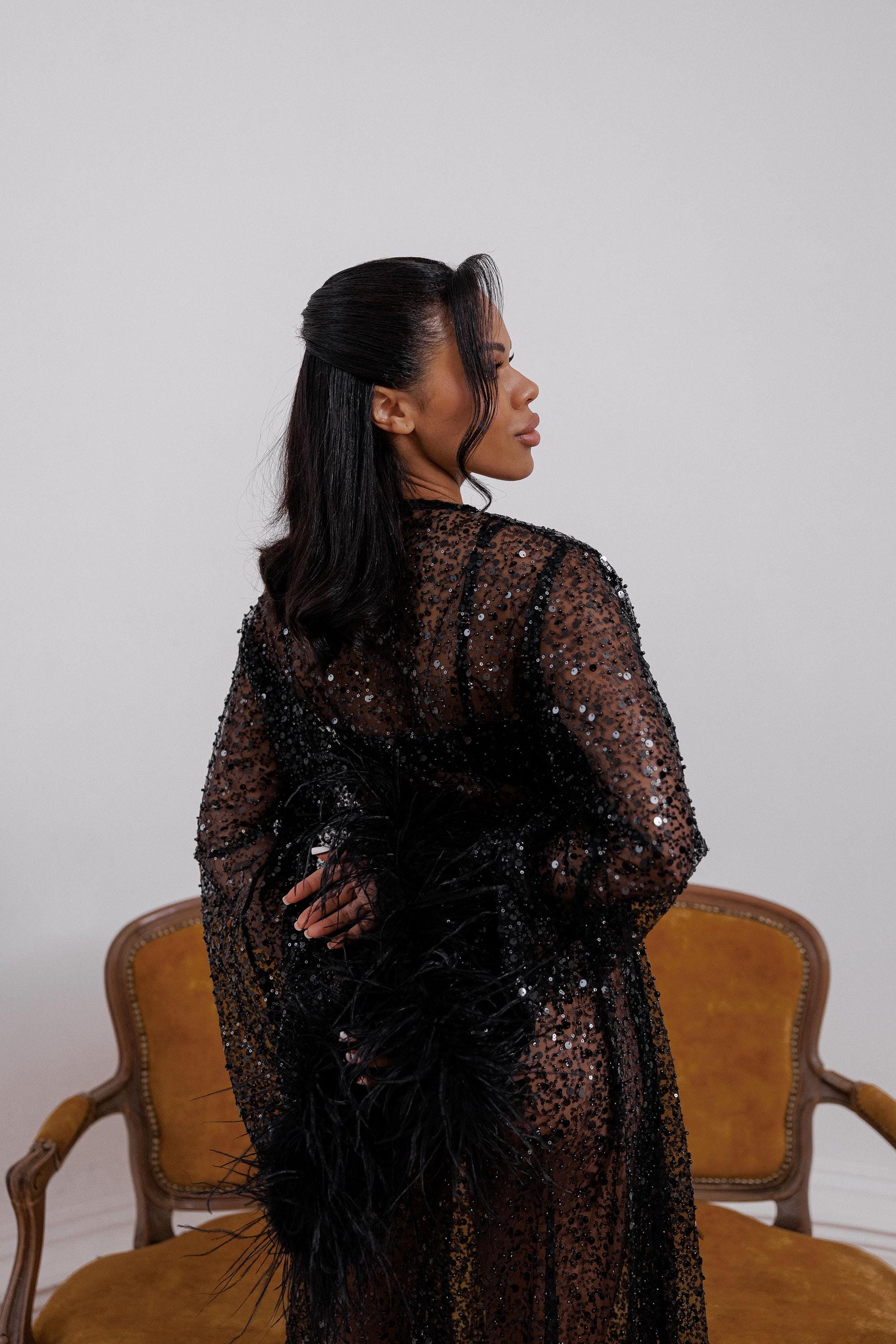 Glamorous Long Black Sheer Robe With Sequins, Beads, and Feathered ...