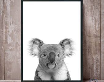 Impresión de Koala, Koala blanco y negro, impresión de vivero, arte de la pared de Koala, impresión de animales, foto de Koala, decoración de animales, arte animal, decoración de la habitación de los niños
