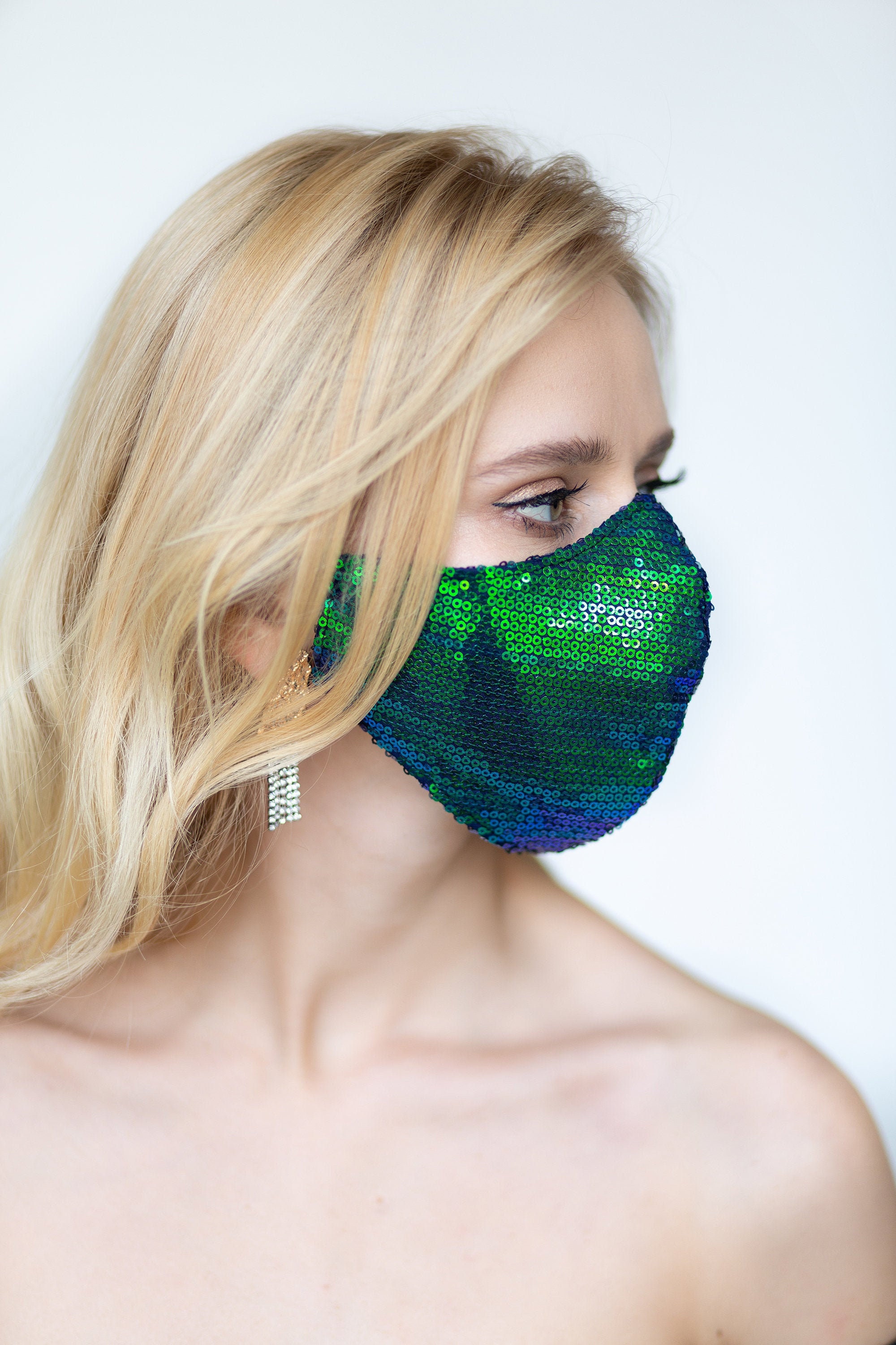 Sequin Face Mask Iridescent Navy Blue Green Shimmer Mask Etsy