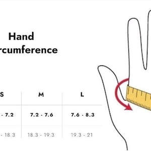 May include: A chart showing hand circumference measurements in inches and centimeters for small, medium, and large sizes. The chart includes a diagram of a hand with a measuring tape around the wrist.