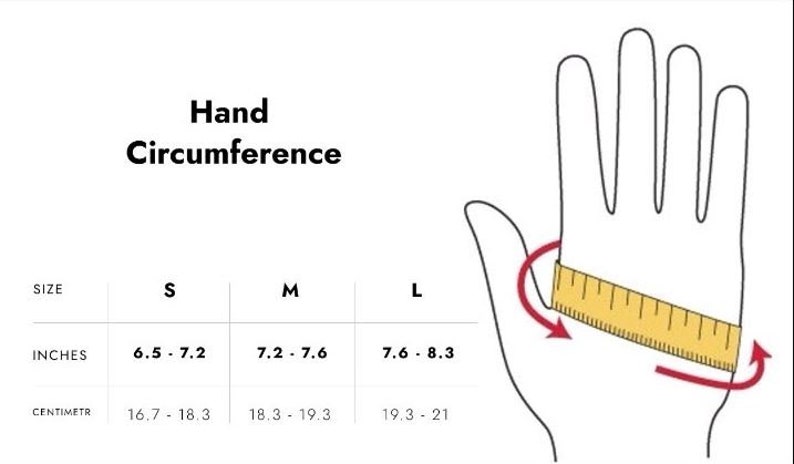 May include: A chart showing hand circumference measurements in inches and centimeters for small, medium, and large sizes. The chart includes a diagram of a hand with a measuring tape around the wrist.