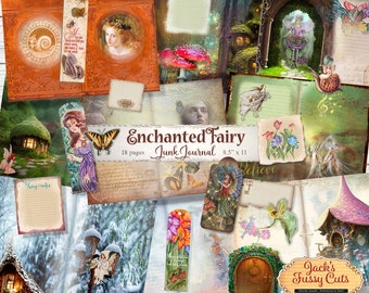 May include: Enchanted Fairy Junk Journal with 18 pages, 8.5 inches by 11 inches. The cover features a collage of images including fairies, mushrooms, a cottage, and a door. The title "Enchanted Fairy Junk Journal" is printed in gold lettering.