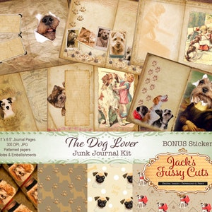 Dog Lover, Junk Journal, Digital Printable Kit, Journal collage spreads, Journal pages, Fussy cut, Tags, Stamps, Altered art, Ephemera