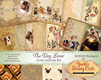 Dog Lover Junk Journal Kit, Printable Collage, Stamps, Tags (Digital Download)