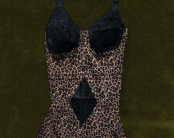 Corsé vintage de los años 90 de Rago x Secrets In Lace con estampado de leopardo / Tallas estadounidenses 4-6