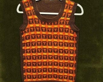 Vintage 1970s Kitchy Orange, yellow and brown knit acrylic vest size S