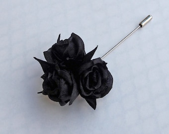 Black Rose Lapel Pin - Fabric Boutonniere, Men's Suit Pin