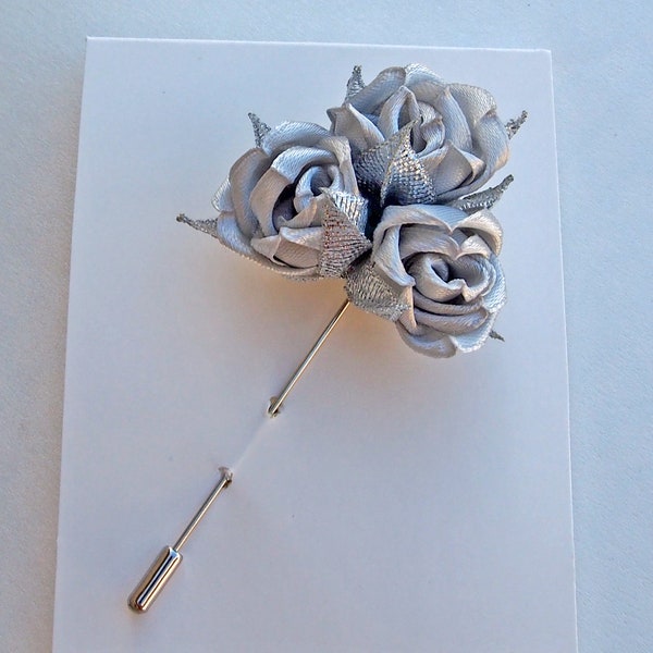 Fabric lapel pin /Silver lapel pin / Gray lapel pin / Silver rose boutonniere / Men  lapel pin / Gray flower lapel pin Gray rose boutonniere