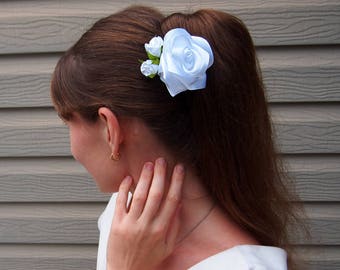 Handcrafted White Silk Rose Hair Comb, Bridal Flower Clip