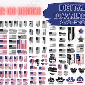 May include: Over 100 digital designs featuring American flag variations, including distressed, grunge, and patriotic themes.  Designs include a skull, paw prints, and a woman with a bun and sunglasses.  The text "We The People" and "Lal Go Brandon" are also included.