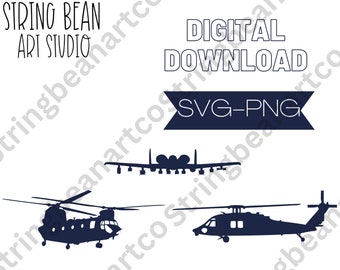 A10 wrattenzwijn-, Blackhawk- en Chinook-vliegtuigen digitale download svg, png