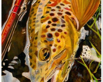 Fly Fish Brown Trout with Fly Rod River Fishing in Water Giclee Fine Art Print on Smooth Matte Paper - Small Wall Decor 8x10 - Free Shipping