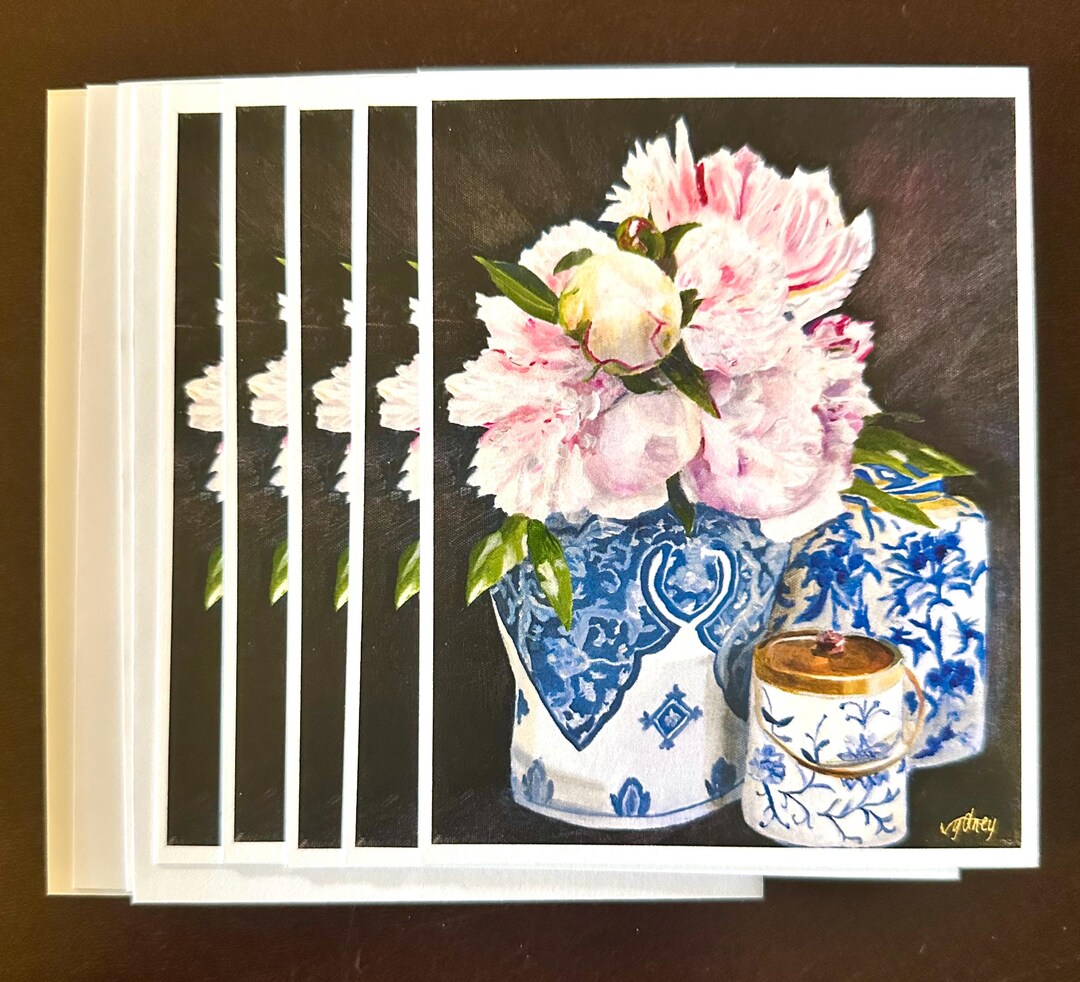 Pink Peonies Chinoiserie Notecards: Floral Stationery Set (set of 10 ...