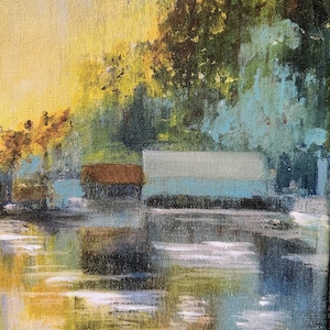 Lake Dock Sunset Landscape Original Fine Art Giclee Print on Canvas Small Wall Decor 9x12” - Impressionistic - Lakehouse Water Free Shipping