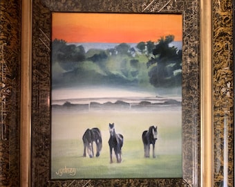 Vintage Framed Horse Oil Painting: Signed Farm Landscape Art