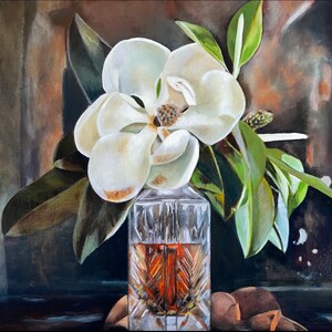 Southern Magnolia Floral Still Life Original Oil on Linen Signed Painting - Realism - Crystal Whiskey Decanter - Free Shipping - Flower Art