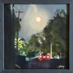 Moonlight Nightscape Landscape Original Oil Painting On Linen Canvas - Framed and Signed - Small Sized Wall Decor 12x12” - Free Shipping